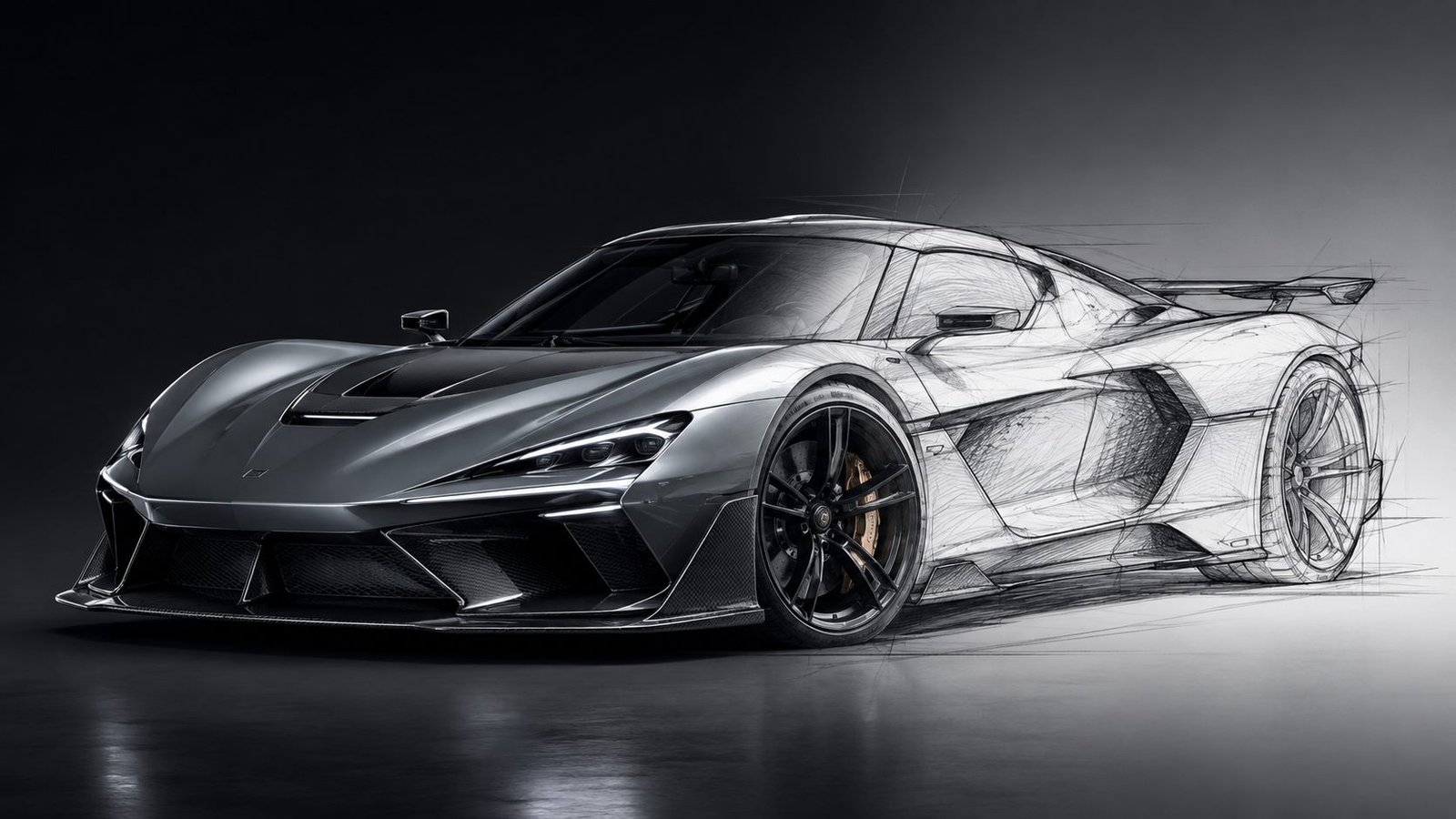 European hypercar concept shown as a photorealistic render on one side and an automotive design sketch on the other